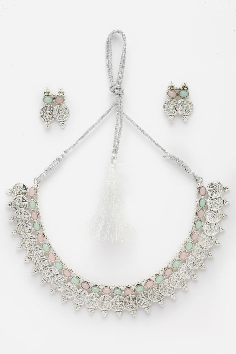 Rhodium-Plated with Oxidised Silver-Plated Pink and Sea Green Artificial Beads Studded & Temple Coin Jewellery Set