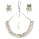 Rhodium-Plated with Oxidised Silver-Plated Pink and Sea Green Artificial Beads Studded & Temple Coin Jewellery Set