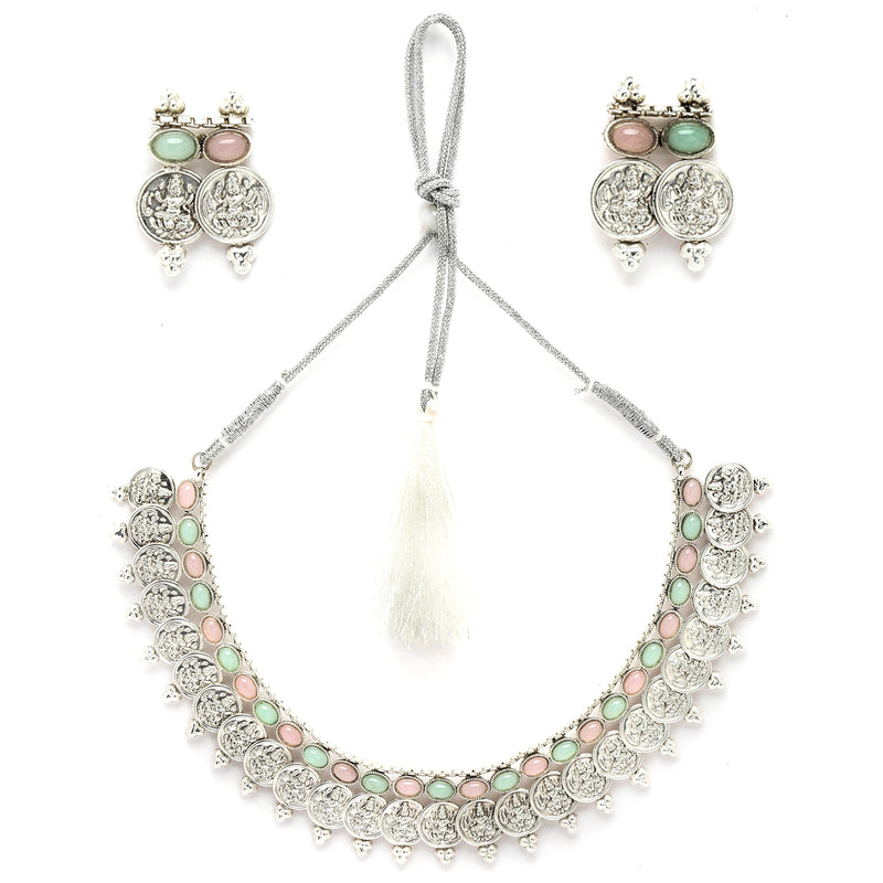 Rhodium-Plated with Oxidised Silver-Plated Pink and Sea Green Artificial Beads Studded & Temple Coin Jewellery Set
