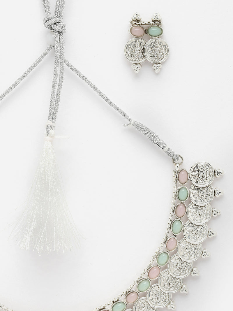 Rhodium-Plated with Oxidised Silver-Plated Pink and Sea Green Artificial Beads Studded & Temple Coin Jewellery Set