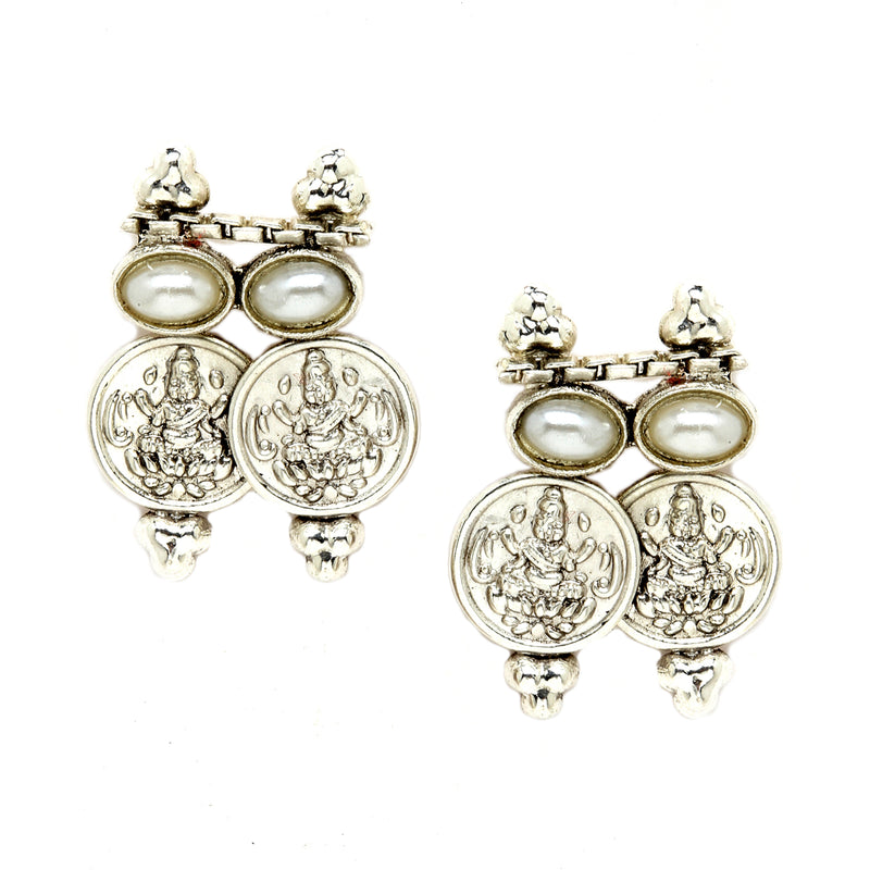 Rhodium-Plated with Oxidised Silver-Plated White Artificial Beads Studded & Temple Coin Jewellery Set