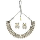Rhodium-Plated with Oxidised Silver-Plated White Artificial Beads Studded & Temple Coin Jewellery Set