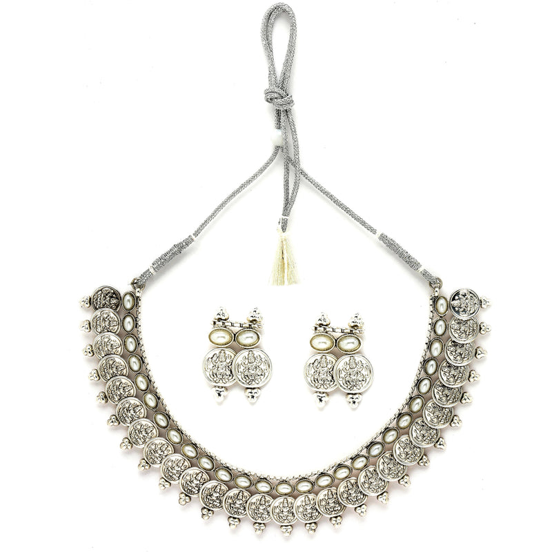 Rhodium-Plated with Oxidised Silver-Plated White Artificial Beads Studded & Temple Coin Jewellery Set