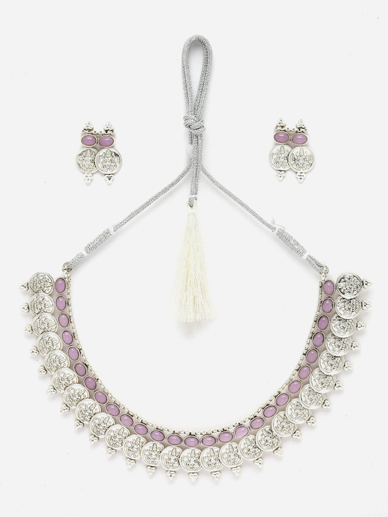 Rhodium-Plated with Oxidised Silver-Plated Pink Artificial Beads Studded & Temple Coin Jewellery Set