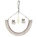 Rhodium-Plated with Oxidised Silver-Plated Pink Artificial Beads Studded & Temple Coin Jewellery Set