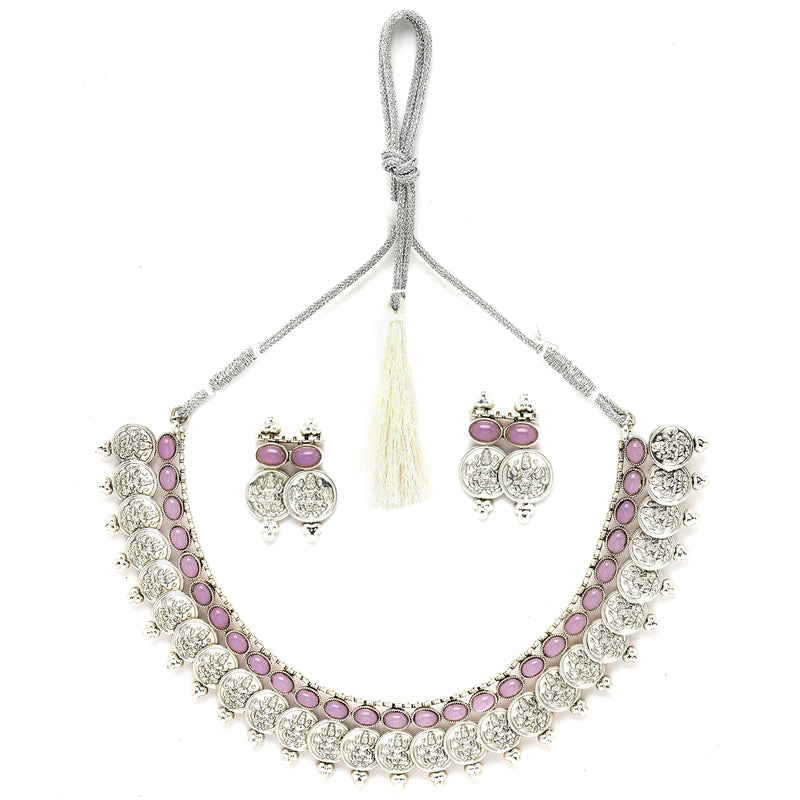 Rhodium-Plated with Oxidised Silver-Plated Pink Artificial Beads Studded & Temple Coin Jewellery Set
