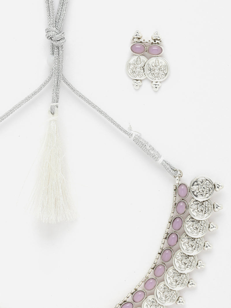 Rhodium-Plated with Oxidised Silver-Plated Pink Artificial Beads Studded & Temple Coin Jewellery Set