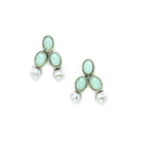 Rhodium-Plated with Oxidized Silver-Toned Sea Green Cubic Zirconia Stone Studded & White Pearl Beaded Necklace and Earrings Jewellery Set