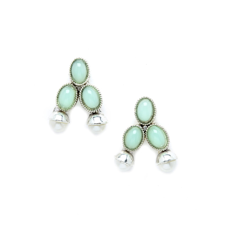 Rhodium-Plated with Oxidized Silver-Toned Sea Green Cubic Zirconia Stone Studded & White Pearl Beaded Necklace and Earrings Jewellery Set