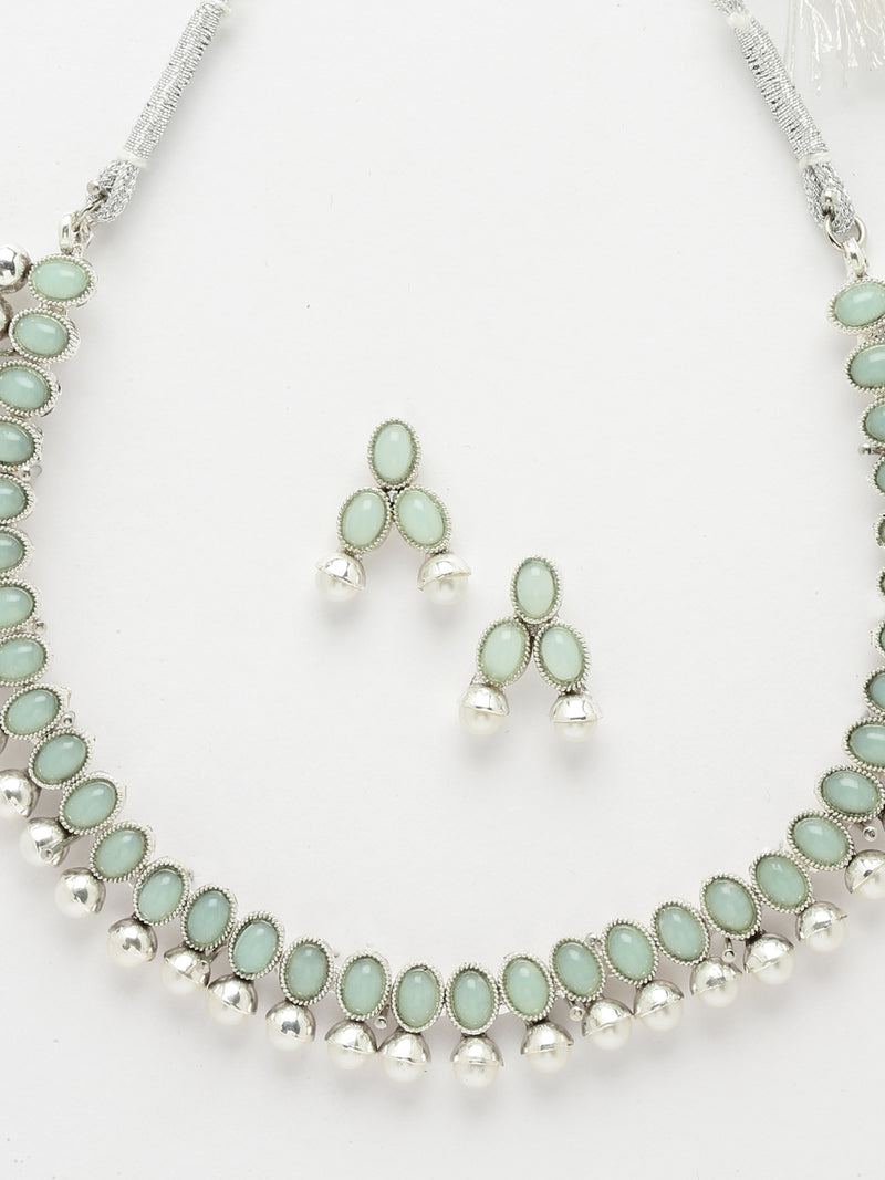 Rhodium-Plated with Oxidized Silver-Toned Sea Green Cubic Zirconia Stone Studded & White Pearl Beaded Necklace and Earrings Jewellery Set