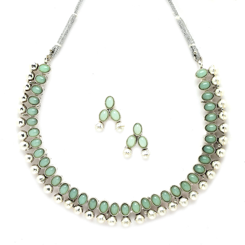 Rhodium-Plated with Oxidized Silver-Toned Sea Green Cubic Zirconia Stone Studded & White Pearl Beaded Necklace and Earrings Jewellery Set