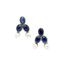 Rhodium-Plated with Oxidized Silver-Toned Navy Blue Cubic Zirconia Stone Studded & White Pearl Beaded Necklace and Earrings Jewellery Set