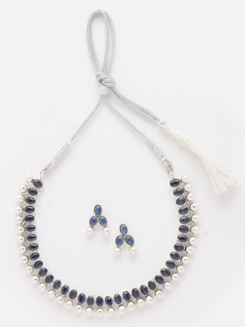 Rhodium-Plated with Oxidized Silver-Toned Navy Blue Cubic Zirconia Stone Studded & White Pearl Beaded Necklace and Earrings Jewellery Set