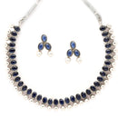Rhodium-Plated with Oxidized Silver-Toned Navy Blue Cubic Zirconia Stone Studded & White Pearl Beaded Necklace and Earrings Jewellery Set