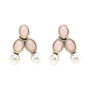 Rhodium-Plated with Oxidized Silver-Toned Pink Cubic Zirconia Stone Studded & White Pearl Beaded Necklace and Earrings Jewellery Set