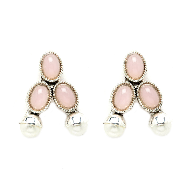 Rhodium-Plated with Oxidized Silver-Toned Pink Cubic Zirconia Stone Studded & White Pearl Beaded Necklace and Earrings Jewellery Set