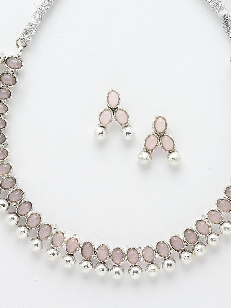 Rhodium-Plated with Oxidized Silver-Toned Pink Cubic Zirconia Stone Studded & White Pearl Beaded Necklace and Earrings Jewellery Set