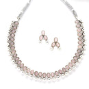 Rhodium-Plated with Oxidized Silver-Toned Pink Cubic Zirconia Stone Studded & White Pearl Beaded Necklace and Earrings Jewellery Set