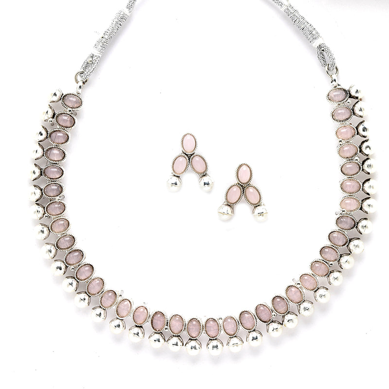 Rhodium-Plated with Oxidized Silver-Toned Pink Cubic Zirconia Stone Studded & White Pearl Beaded Necklace and Earrings Jewellery Set