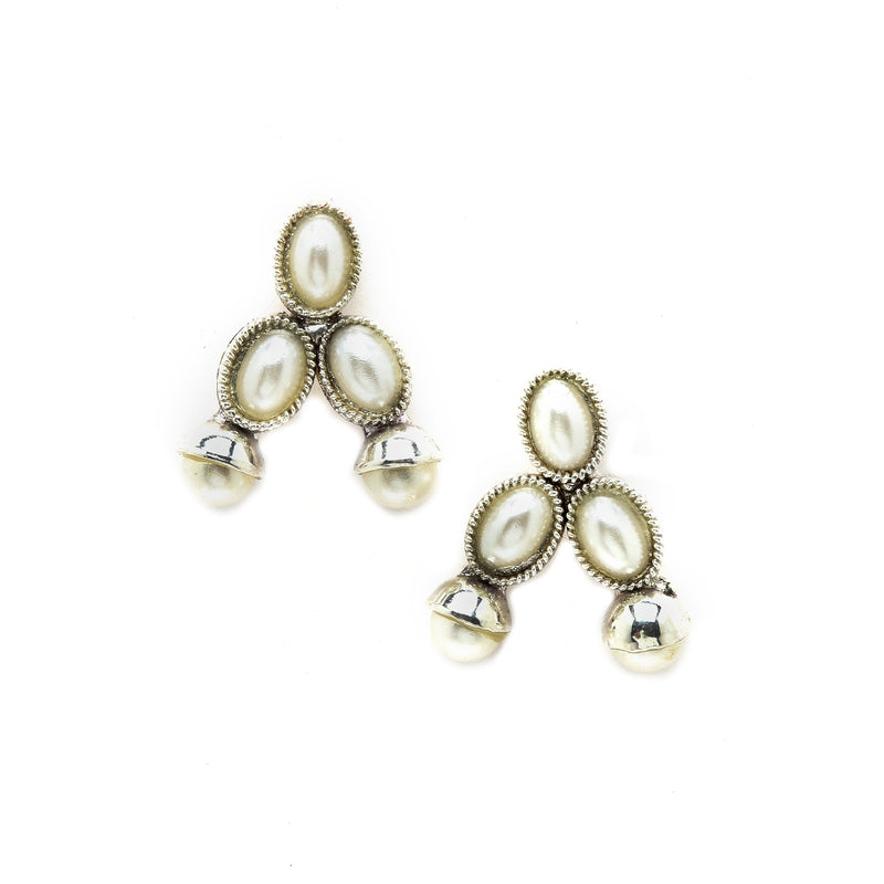 Rhodium-Plated with Oxidized Silver-Toned White Cubic Zirconia Stone Studded & White Pearl Beaded Necklace and Earrings Jewellery Set