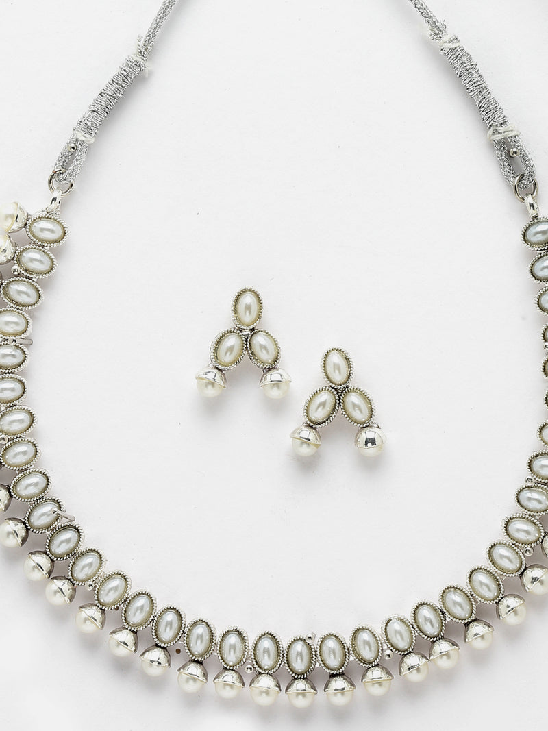Rhodium-Plated with Oxidized Silver-Toned White Cubic Zirconia Stone Studded & White Pearl Beaded Necklace and Earrings Jewellery Set