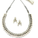 Rhodium-Plated with Oxidized Silver-Toned White Cubic Zirconia Stone Studded & White Pearl Beaded Necklace and Earrings Jewellery Set