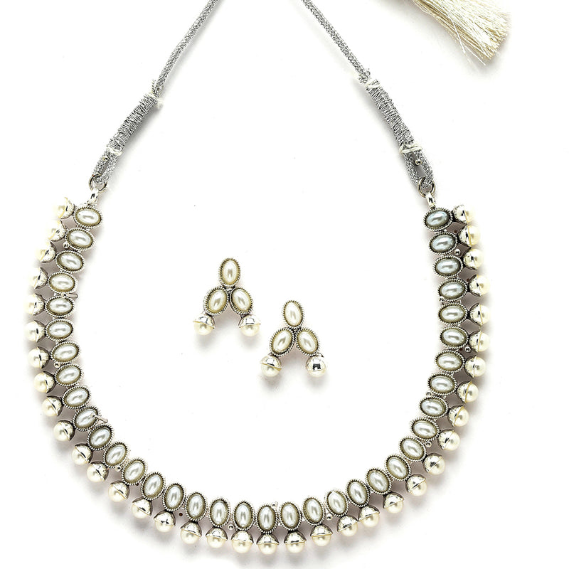 Rhodium-Plated with Oxidized Silver-Toned White Cubic Zirconia Stone Studded & White Pearl Beaded Necklace and Earrings Jewellery Set