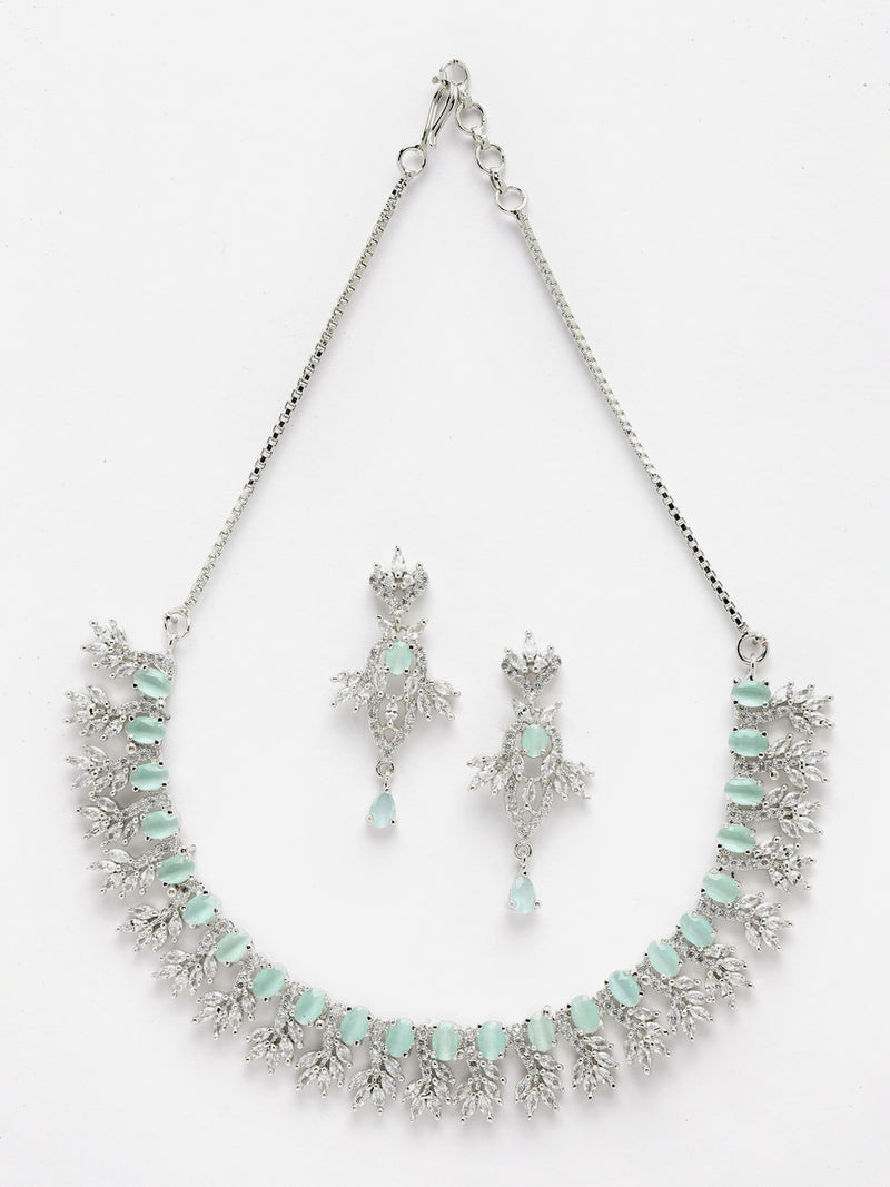 Rhodium-Plated with Silver-Toned Sea Green and White American Diamond Studded Embellish Statement Jewellery Set
