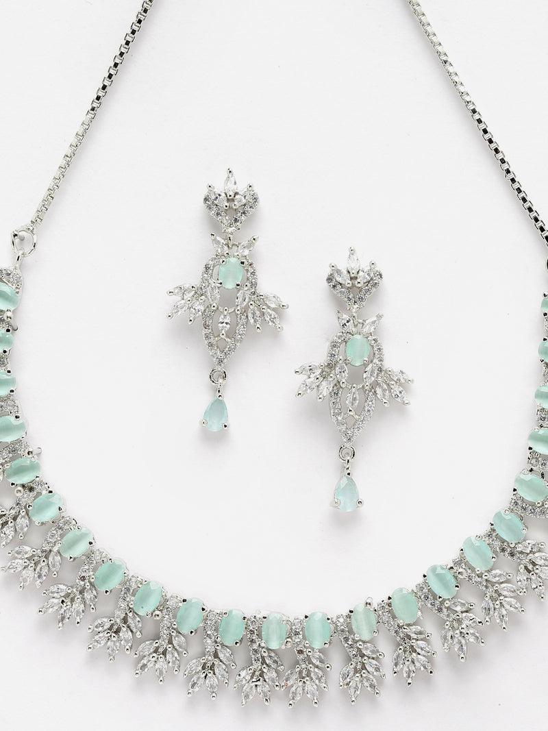 Rhodium-Plated with Silver-Toned Sea Green and White American Diamond Studded Embellish Statement Jewellery Set