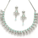 Rhodium-Plated with Silver-Toned Sea Green and White American Diamond Studded Embellish Statement Jewellery Set