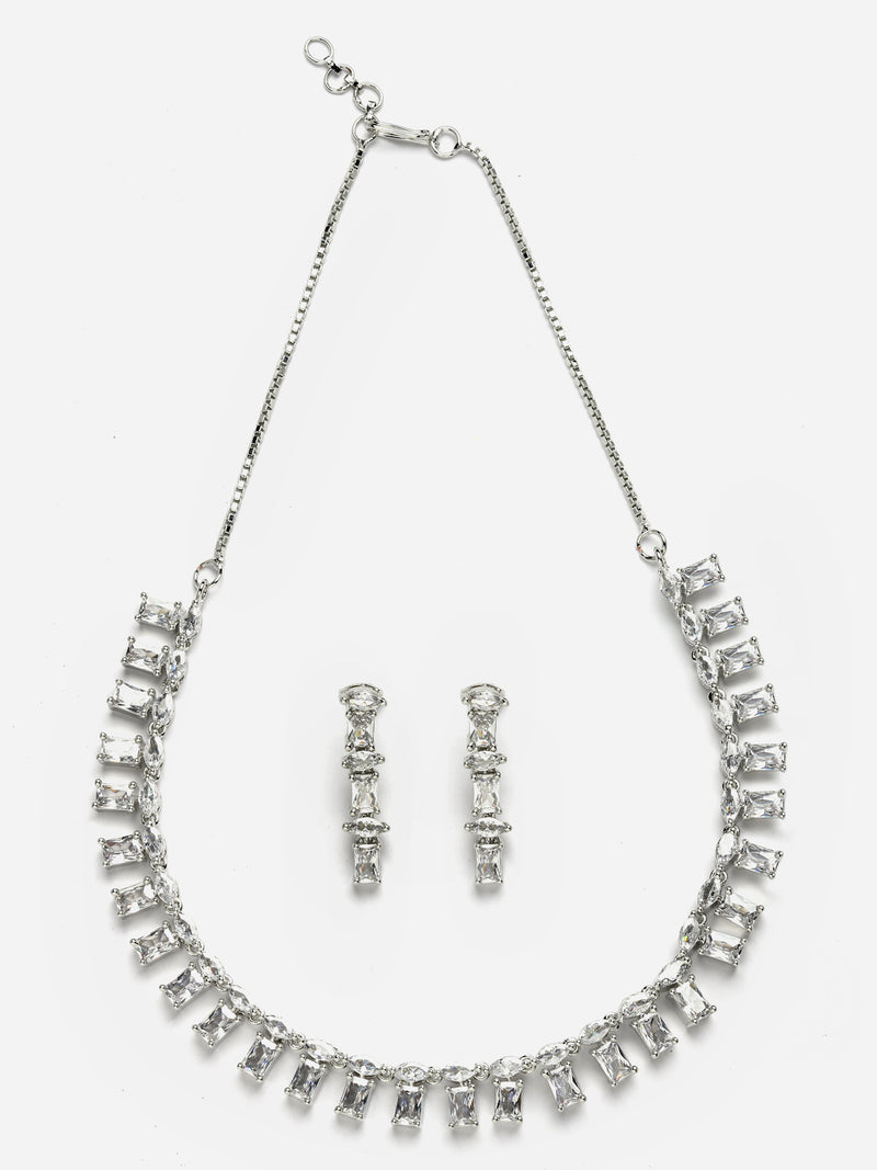 Rhodium-Plated with Silver-Toned White American Diamond Studded Jewellery Set