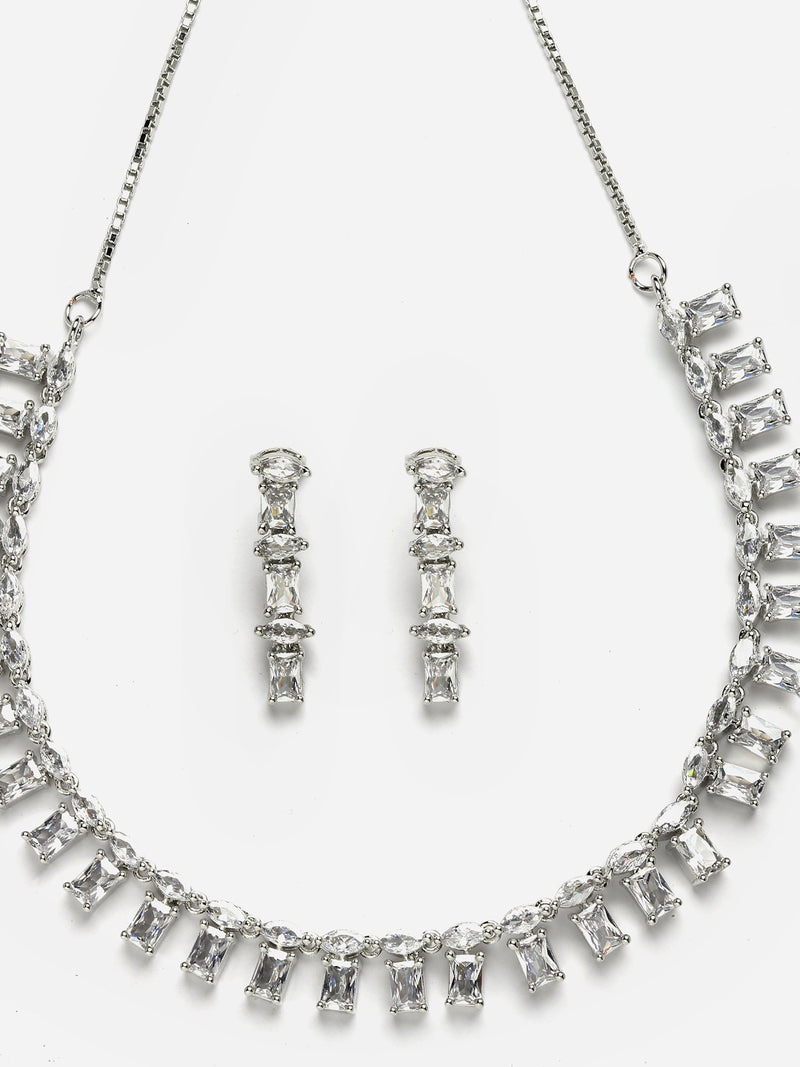 Rhodium-Plated with Silver-Toned White American Diamond Studded Jewellery Set