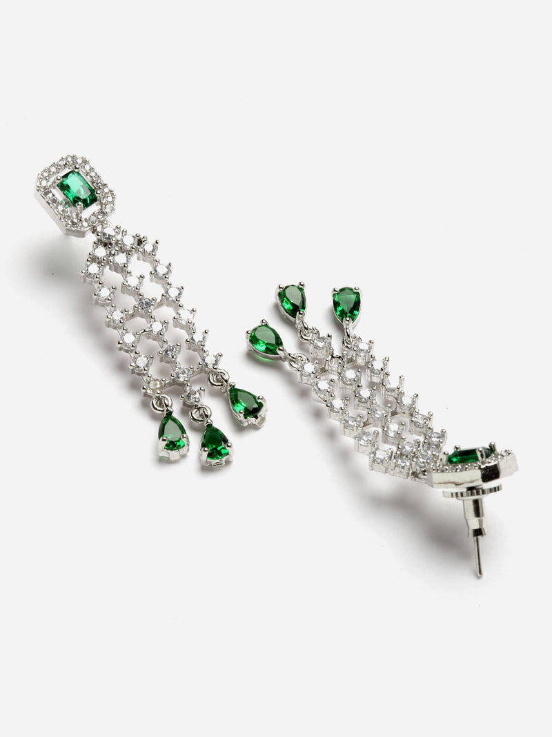 Rhodium-Plated with Silver-Toned Green American Diamond Studded Jewellery Set