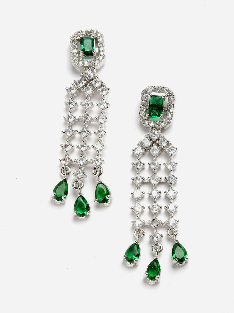 Rhodium-Plated with Silver-Toned Green American Diamond Studded Jewellery Set