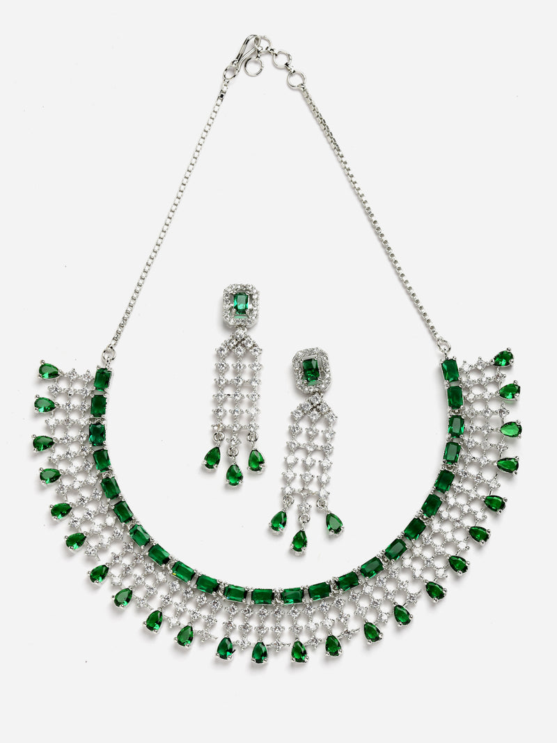 Rhodium-Plated with Silver-Toned Green American Diamond Studded Jewellery Set