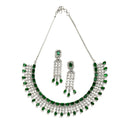 Rhodium-Plated with Silver-Toned Green American Diamond Studded Jewellery Set
