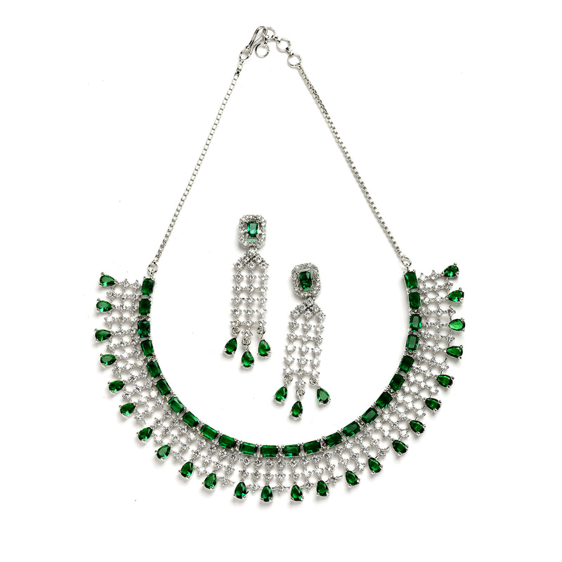 Rhodium-Plated with Silver-Toned Green American Diamond Studded Jewellery Set