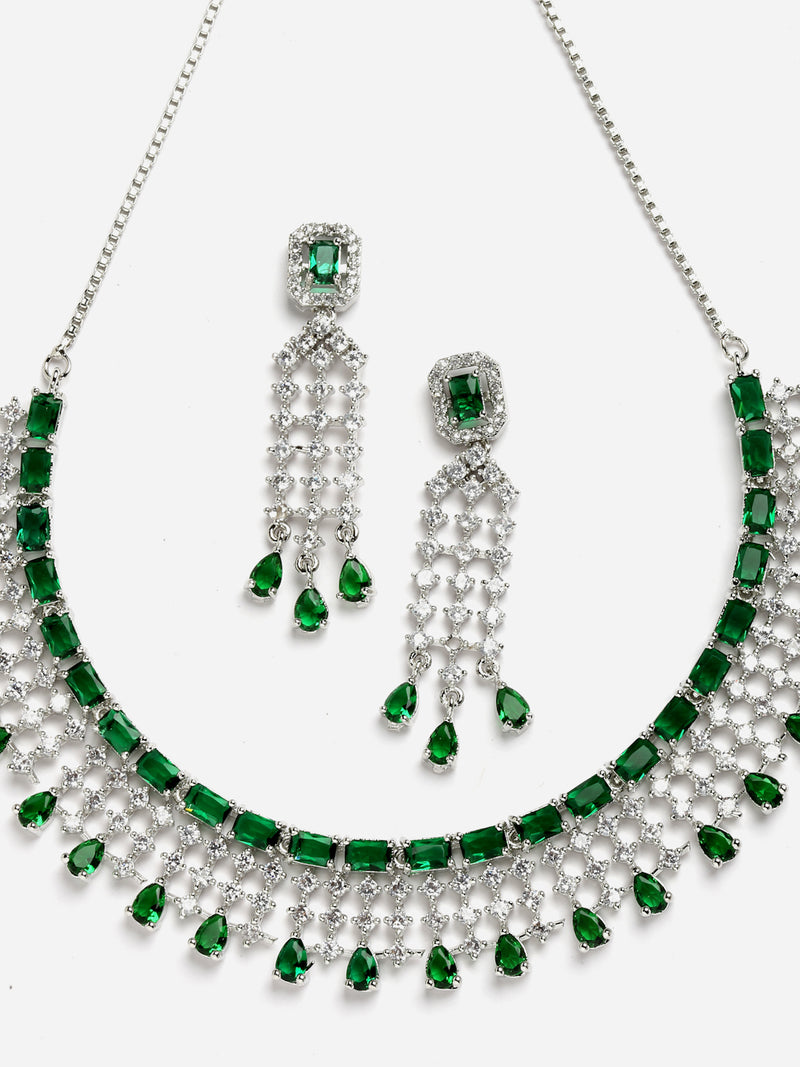 Rhodium-Plated with Silver-Toned Green American Diamond Studded Jewellery Set