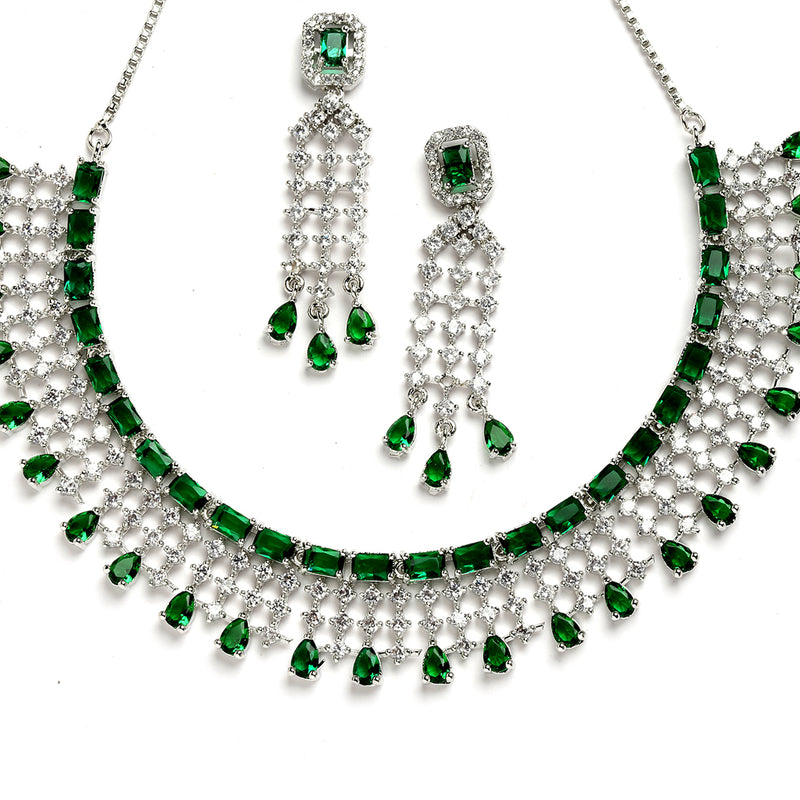Rhodium-Plated with Silver-Toned Green American Diamond Studded Jewellery Set