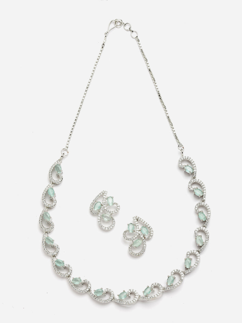 Rhodium-Plated with Silver-Toned Sea Green and White Cubic Zirconia & American Diamond studded Necklace and Drop Earrings Jewellery Set