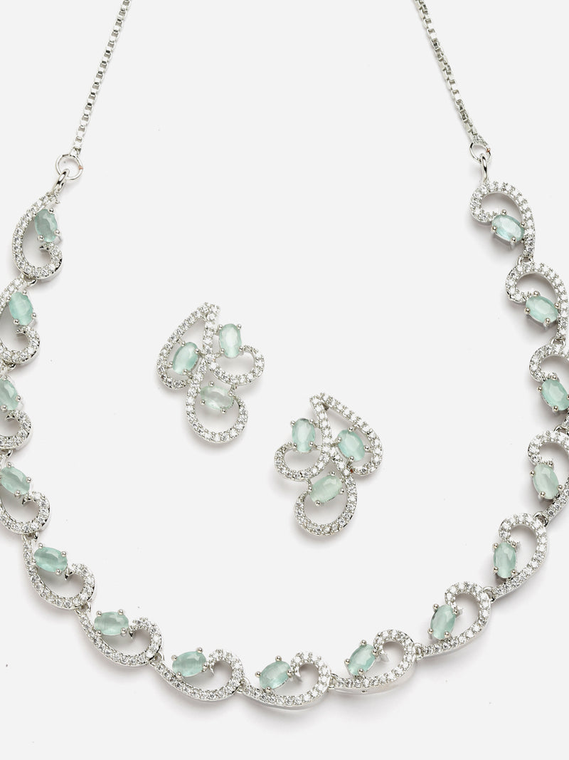 Rhodium-Plated with Silver-Toned Sea Green and White Cubic Zirconia & American Diamond studded Necklace and Drop Earrings Jewellery Set
