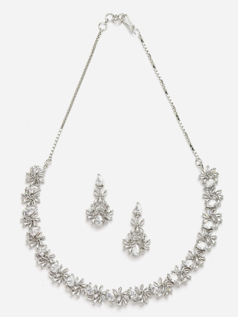 Rhodium-Plated with Silver-Toned Floral and Pear Design White American Diamond Studded Jewellery Set