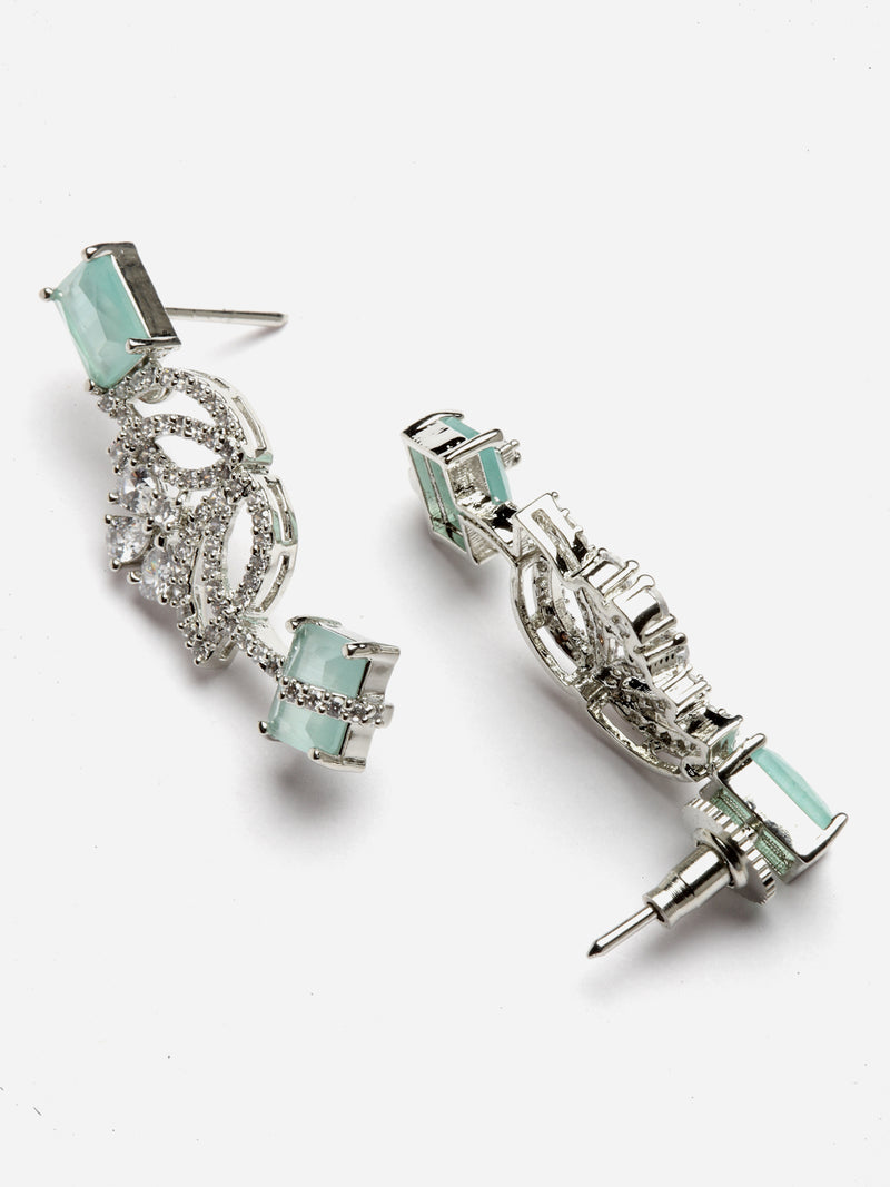 Rhodium-Plated with Silver-Toned Leaf Design Sea Green and White American Diamond Studded Jewellery Set