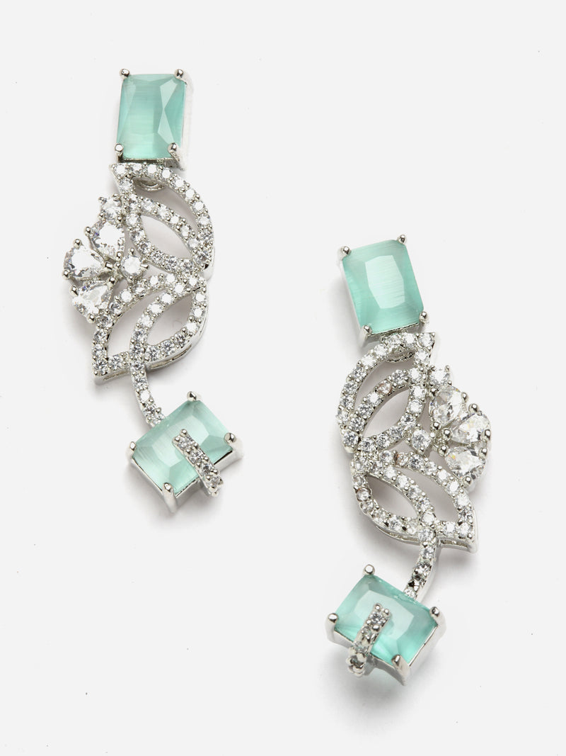 Rhodium-Plated with Silver-Toned Leaf Design Sea Green and White American Diamond Studded Jewellery Set