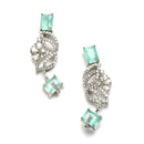 Rhodium-Plated with Silver-Toned Leaf Design Sea Green and White American Diamond Studded Jewellery Set