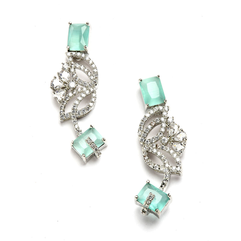 Rhodium-Plated with Silver-Toned Leaf Design Sea Green and White American Diamond Studded Jewellery Set