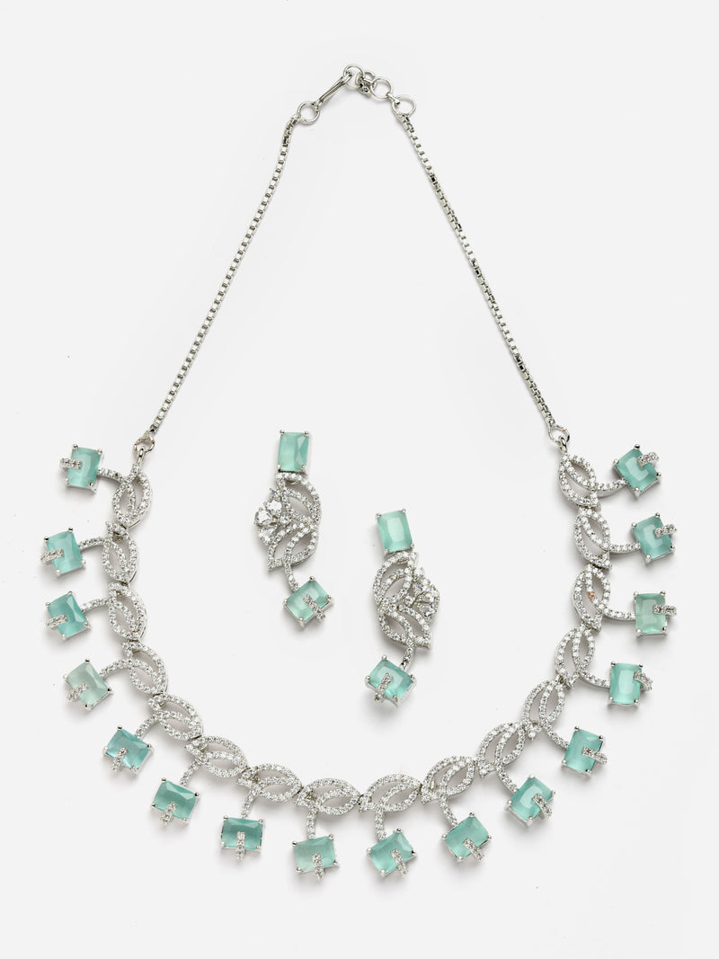 Rhodium-Plated with Silver-Toned Leaf Design Sea Green and White American Diamond Studded Jewellery Set