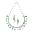 Rhodium-Plated with Silver-Toned Leaf Design Sea Green and White American Diamond Studded Jewellery Set