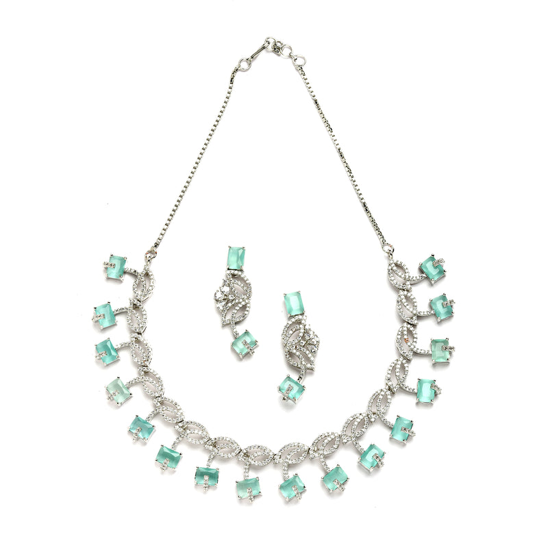 Rhodium-Plated with Silver-Toned Leaf Design Sea Green and White American Diamond Studded Jewellery Set