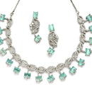 Rhodium-Plated with Silver-Toned Leaf Design Sea Green and White American Diamond Studded Jewellery Set